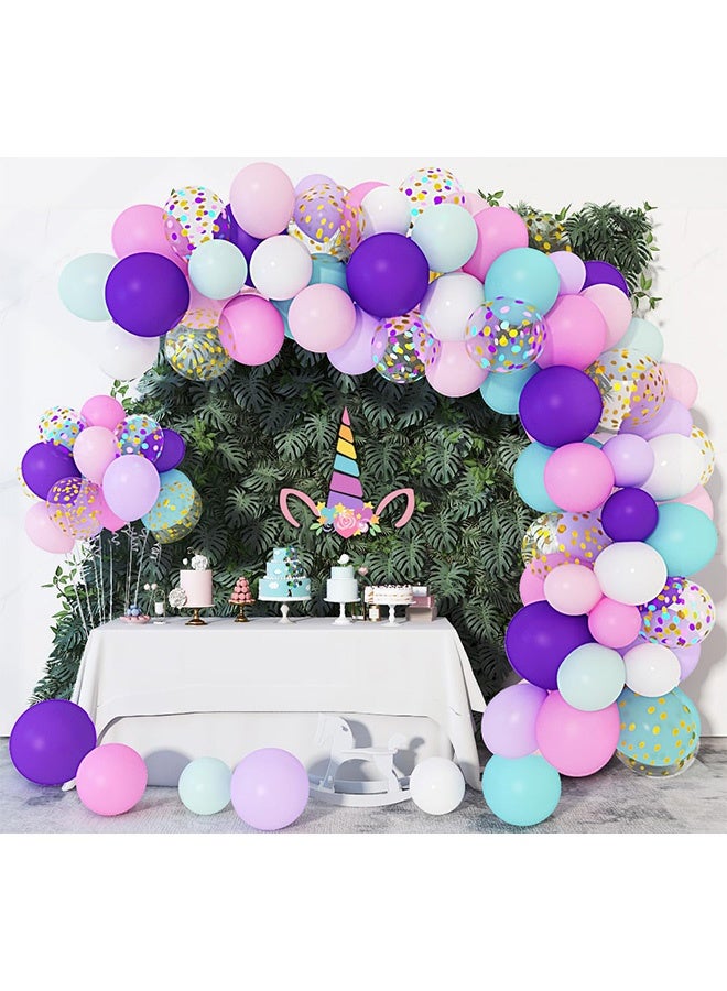 Peachjoy طقم زينة قوس بالونات يونيكورن 96 قطعة، زينة حفلة عيد ميلاد يونيكورن للفتيات بالونات ملونة خفيفة بنفسجي وأكوا أزرق وزهري، مستلزمات حفلات زفاف وحفلات استقبال المواليد - Image 5