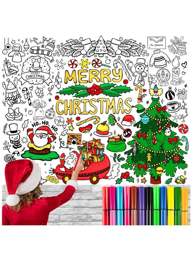 KVCSYAW Christmas Giant Coloring Poster With 24 Pcs Paint Pens, 39.4 X 31.5 Inch Jumbo Coloring Poster With Christmas Tree, Huge Coloring Paper Large Coloring Sheets For Christmas School Home Birthday Party  - Image 1
