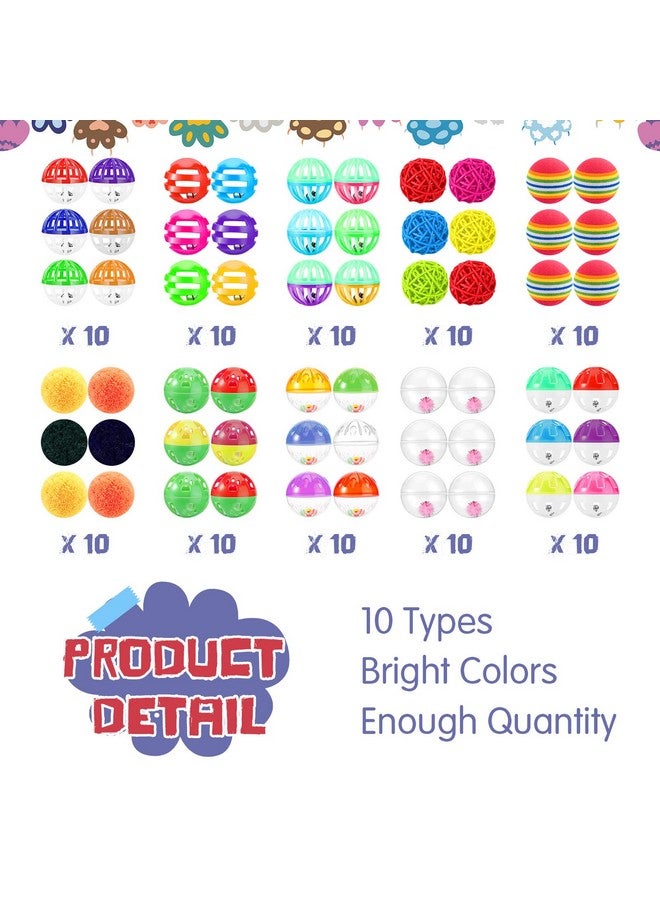 هونغداو ألعاب قطط هونغداو، 100 قطعة، كرات بلاستيكية صغيرة مجعدة، كرات قطط متنوعة مع جرس لمطاردة القطط الصغيرة، ألعاب خشخيشة، ألوان متنوعة - Image 3