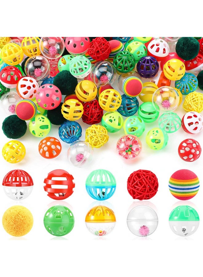 هونغداو ألعاب قطط هونغداو، 100 قطعة، كرات بلاستيكية صغيرة مجعدة، كرات قطط متنوعة مع جرس لمطاردة القطط الصغيرة، ألعاب خشخيشة، ألوان متنوعة - Image 1