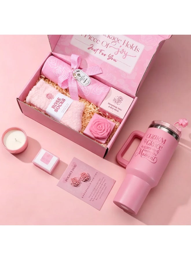 11Pcs Pink Rose Spa Gift Set with 40oz Insulated Car Tumbler & Scented Candle, Women Care Package, Best Birthday & Mother’s Day Gift for Mom, Wife and Friends - Image 2