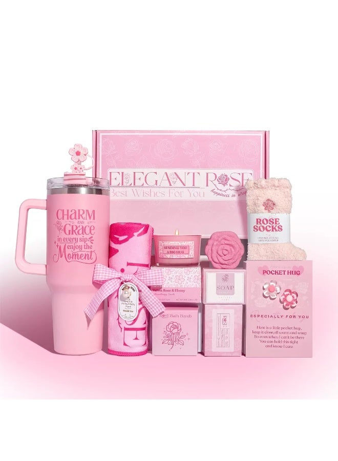 11Pcs Pink Rose Spa Gift Set with 40oz Insulated Car Tumbler & Scented Candle, Women Care Package, Best Birthday & Mother’s Day Gift for Mom, Wife and Friends - Image 1