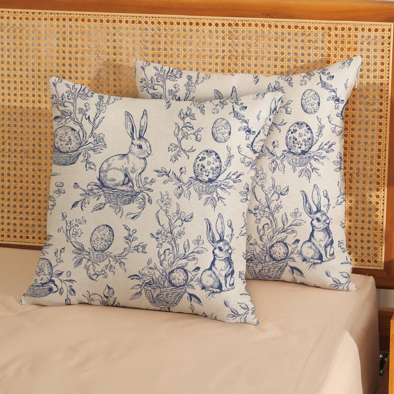 GOLIANDA Spring Blue Pillow Covers 18x18 Inch Set of 2 Botanical Floral Easter Eggs Bunny Throw Pillows Blue Toile Flower Rabbit Decorative Pillow Cases Outdoor Decor Linen Cushion Case for Couch Home - Image 3