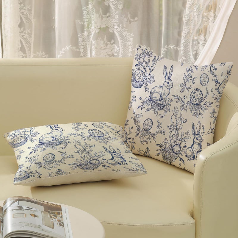 GOLIANDA Spring Blue Pillow Covers 18x18 Inch Set of 2 Botanical Floral Easter Eggs Bunny Throw Pillows Blue Toile Flower Rabbit Decorative Pillow Cases Outdoor Decor Linen Cushion Case for Couch Home - Image 5