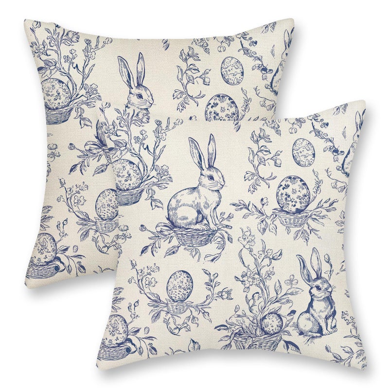 GOLIANDA Spring Blue Pillow Covers 18x18 Inch Set of 2 Botanical Floral Easter Eggs Bunny Throw Pillows Blue Toile Flower Rabbit Decorative Pillow Cases Outdoor Decor Linen Cushion Case for Couch Home - Image 1