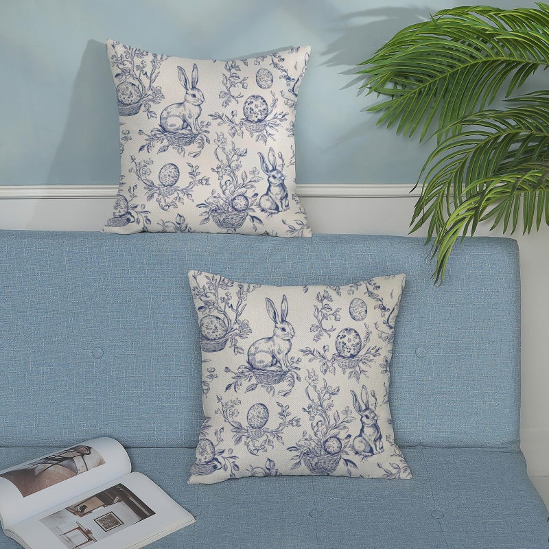 GOLIANDA Spring Blue Pillow Covers 18x18 Inch Set of 2 Botanical Floral Easter Eggs Bunny Throw Pillows Blue Toile Flower Rabbit Decorative Pillow Cases Outdoor Decor Linen Cushion Case for Couch Home - Image 4