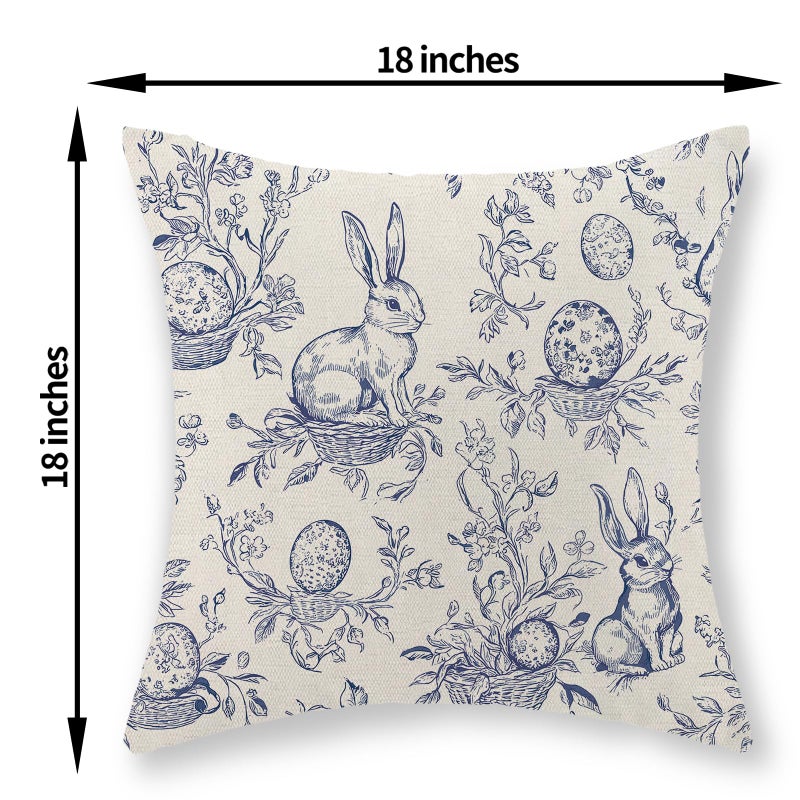 GOLIANDA Spring Blue Pillow Covers 18x18 Inch Set of 2 Botanical Floral Easter Eggs Bunny Throw Pillows Blue Toile Flower Rabbit Decorative Pillow Cases Outdoor Decor Linen Cushion Case for Couch Home - Image 2