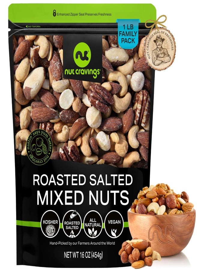 NUT CRAVINGS - Roasted & Salted Mixed Nuts - Brazils, Brazil, Pecan, Almond, Hazelnut, Cashew (16oz - 1 LB) Packed Fresh in Resealable Bag - Food Assortments - Image 1