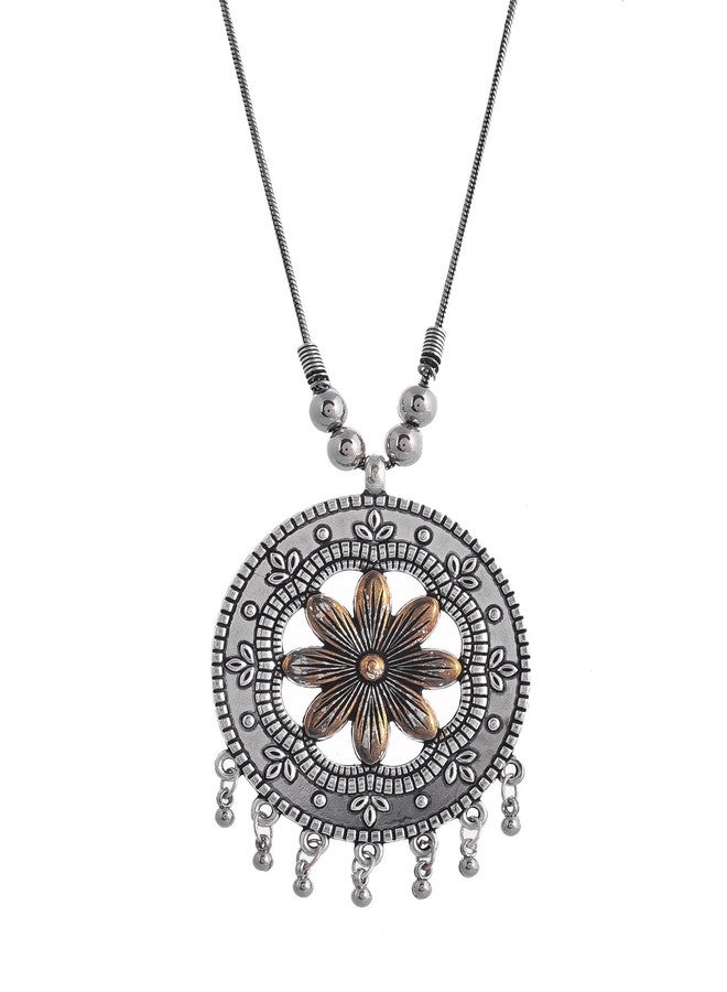 NAMAN ARTS Oxidised Dual Tone Round Floral Pendant Necklace for Women | Antique Gold Centre Flower Charm | Pure Brass Lightweight Ethnic Boho Chain Necklace - Image 1