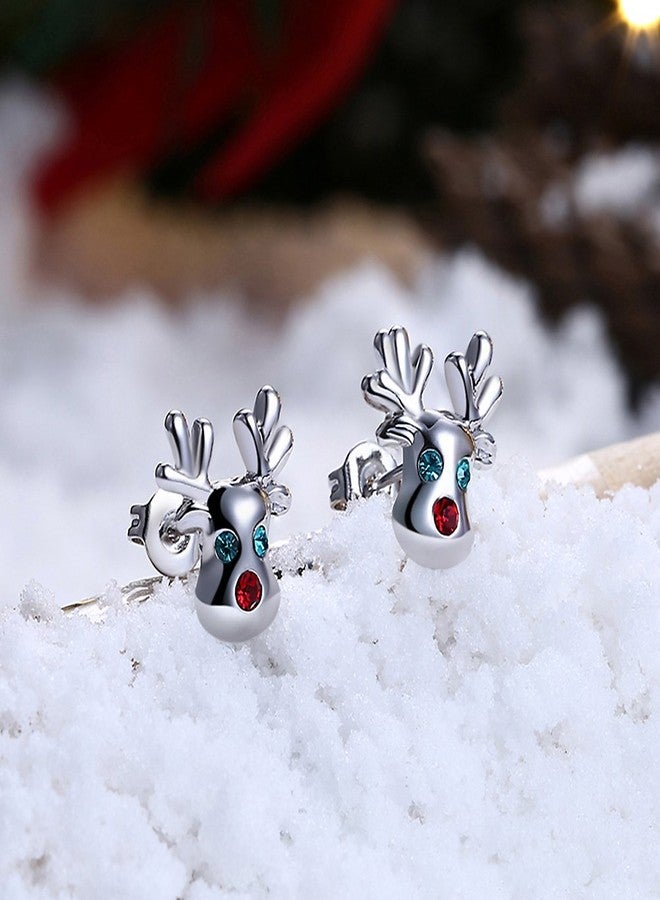 HQLA Christmas studs Hypoallergenic Stud Earrings for Women 14K Cute Small Animal CZ Reindeer Studs Gifts for Women (Silver) - Image 3