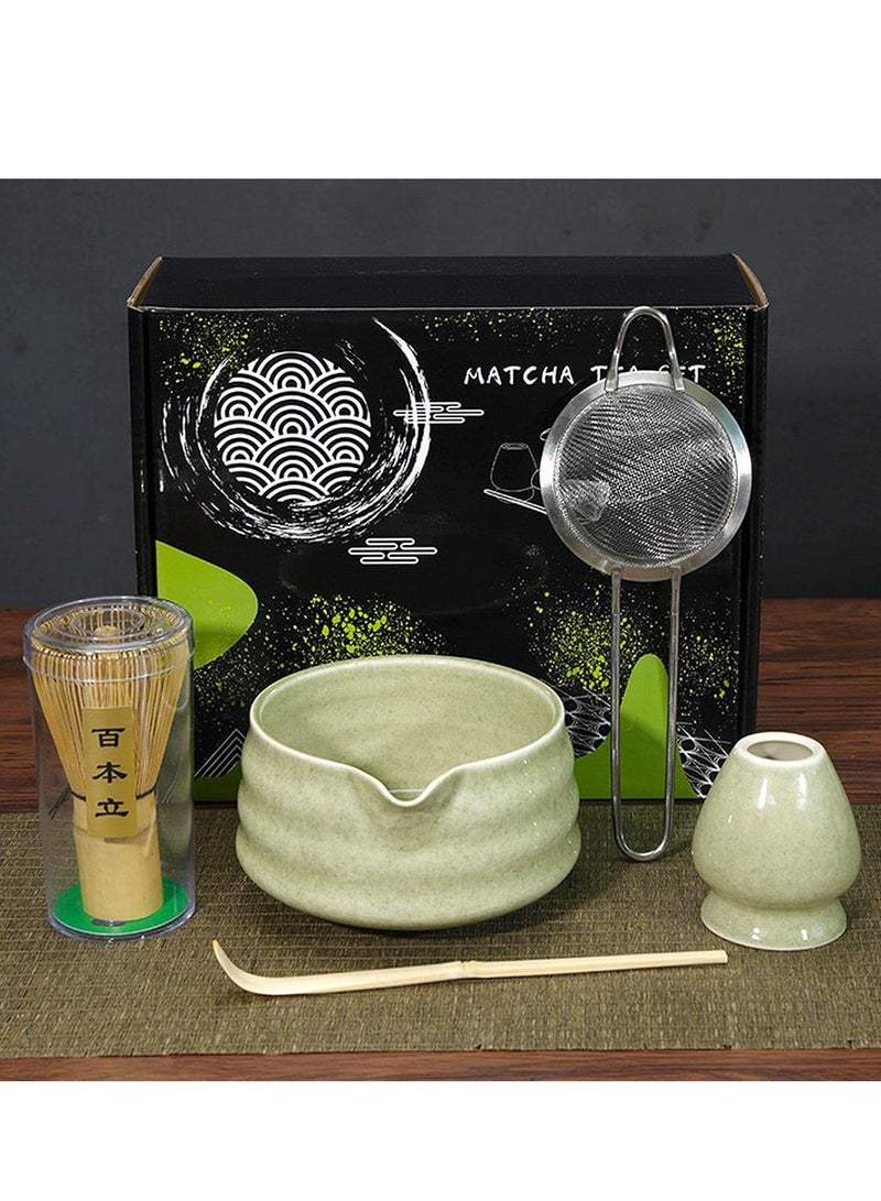 KINGMAZI 5 pcs Matcha Set, Ceramic Matcha Bowl+Whisk Holder+Bamboo Whisk+Scoop+ Tea Strainer, Perfect Handmade Matcha Kit to Prepare Traditional Matcha Tea, 100% Natural Matcha Gift Kit(Green)  - Image 1