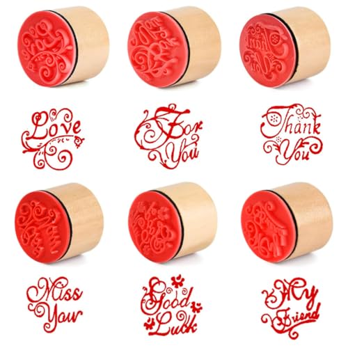 Oytra Rubber Stamps Wooden Round Block Set of 6 Word Printing for Bullet Journal Journaling Scrapbooking Invitations Good Luck Miss You Thank You for You My Friend Love (Word Message Stamp Set) - Image 1