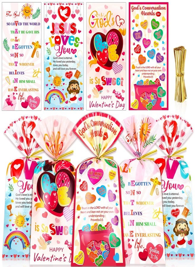 HOWAF Christian Valentine's Day Candy Bags Bulk, Bible Verse Valentines Cellophane Bags for Christian Candy Church Sunday School Supplies, Inspirational Jesus Loves You Gift Bags with Twist Ties for Religious Valentin's Day Favors - Image 1