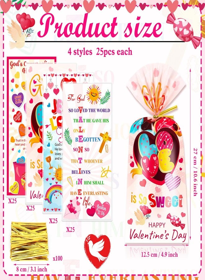 HOWAF Christian Valentine's Day Candy Bags Bulk, Bible Verse Valentines Cellophane Bags for Christian Candy Church Sunday School Supplies, Inspirational Jesus Loves You Gift Bags with Twist Ties for Religious Valentin's Day Favors - Image 2