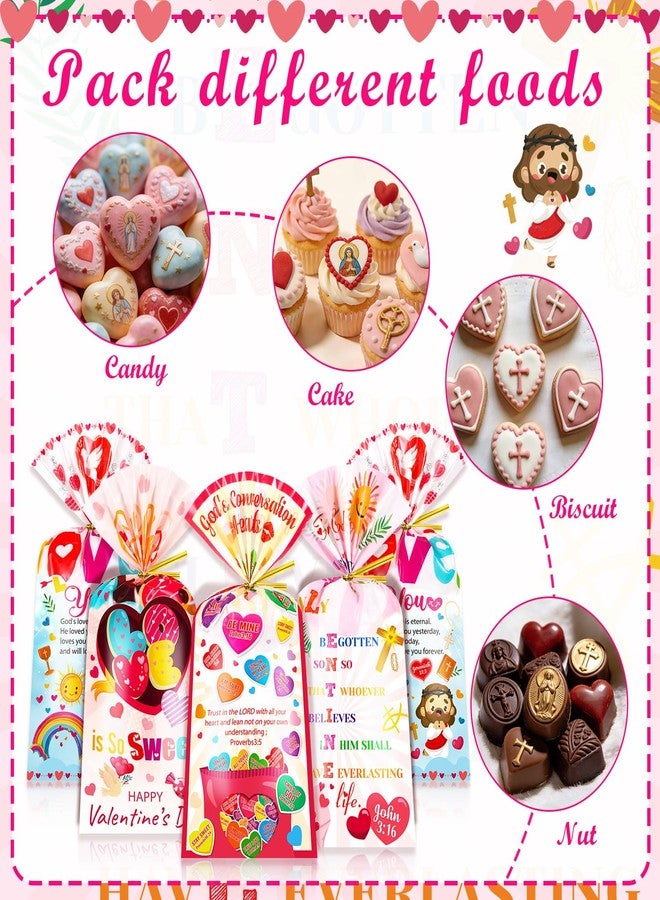 HOWAF Christian Valentine's Day Candy Bags Bulk, Bible Verse Valentines Cellophane Bags for Christian Candy Church Sunday School Supplies, Inspirational Jesus Loves You Gift Bags with Twist Ties for Religious Valentin's Day Favors - Image 3