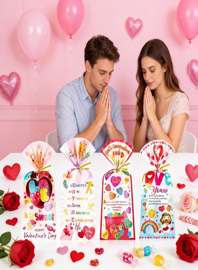 HOWAF Christian Valentine's Day Candy Bags Bulk, Bible Verse Valentines Cellophane Bags for Christian Candy Church Sunday School Supplies, Inspirational Jesus Loves You Gift Bags with Twist Ties for Religious Valentin's Day Favors - Image 4