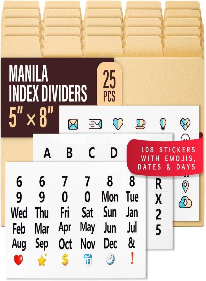 OFFILICIOUS 25 Heavyweight Manila Index Card Box Dividers with Tabs & 108 Stickers, Alphabetical File Dividers for 5x8 Index Card Box - Image 1