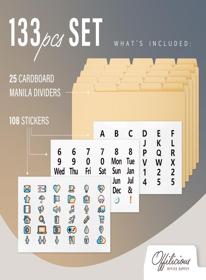 OFFILICIOUS 25 Heavyweight Manila Index Card Box Dividers with Tabs & 108 Stickers, Alphabetical File Dividers for 5x8 Index Card Box - Image 2