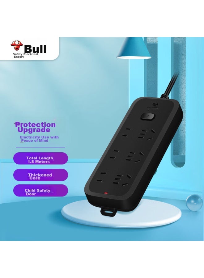 Bull Power Strip/extension Cord/power Bar/power Strip/power Board/long Cord, Black Matte Finish, 6 Outlets With Master Switch, 1.8 Meters Long, Gn-b8330h - Image 1