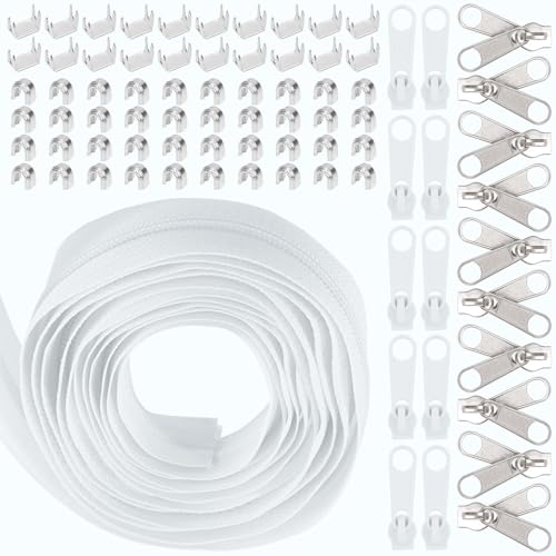 Swpeet 1Roll 10 Yard 5 White Nylon Zipper Tape Strip with 20Pcs Matched Zippers Sliders Assortment Kit Replacement Zipper Roll Endless Zip Set with Double Single Slider and Zip for Sewing - Image 1