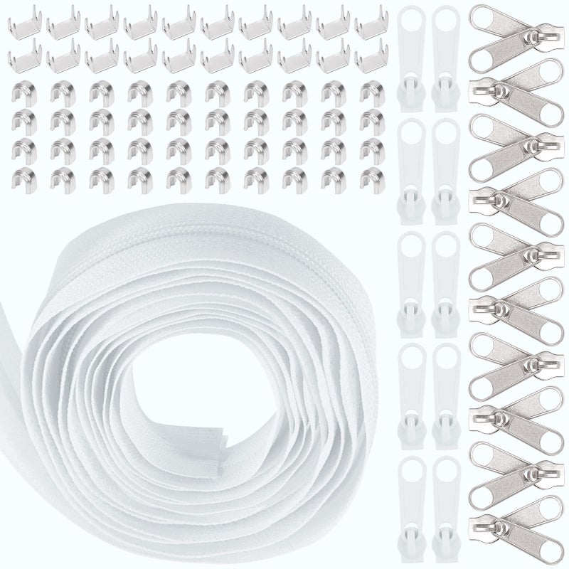 Swpeet 1Roll 10 Yard 5 White Nylon Zipper Tape Strip with 20Pcs Matched Zippers Sliders Assortment Kit Replacement Zipper Roll Endless Zip Set with Double Single Slider and Zip for Sewing - Image 2