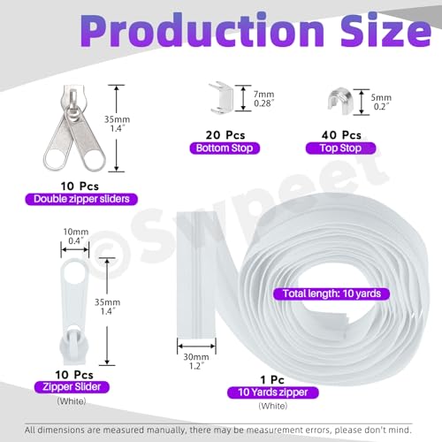 Swpeet 1Roll 10 Yard 5 White Nylon Zipper Tape Strip with 20Pcs Matched Zippers Sliders Assortment Kit Replacement Zipper Roll Endless Zip Set with Double Single Slider and Zip for Sewing - Image 3