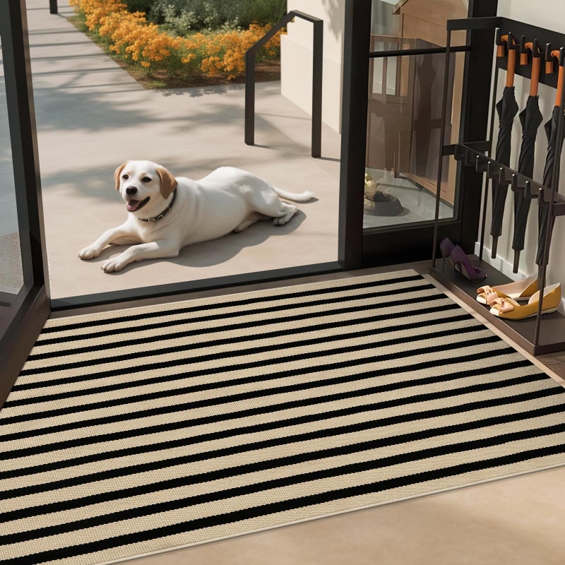 LEEVAN Outdoor Patio Rug 3x5, Washable Black and White Outdoor Rug, Outside Welcome Mat Striped Porch Door Mat Outside Entrance Layered Indoor Doormat - Image 2