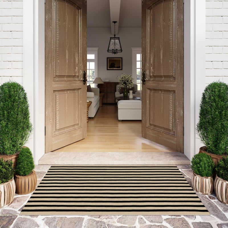 LEEVAN Outdoor Patio Rug 3x5, Washable Black and White Outdoor Rug, Outside Welcome Mat Striped Porch Door Mat Outside Entrance Layered Indoor Doormat - Image 1