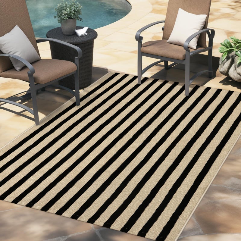 LEEVAN Outdoor Patio Rug 3x5, Washable Black and White Outdoor Rug, Outside Welcome Mat Striped Porch Door Mat Outside Entrance Layered Indoor Doormat - Image 3
