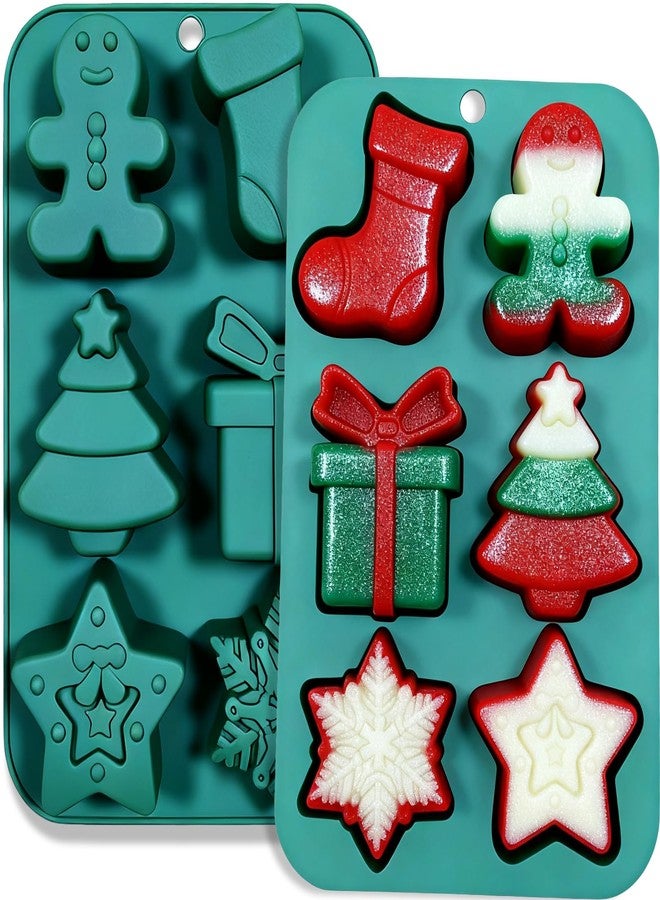 LLPMutu 2PCS Christmas Silicone Molds Christmas Soap Molds Christmas Molds Silicone Xmas Tree Snowflake Gingerbread man Gift Sock Star Baking Mold for Making Chocolate Candy Cake Cookie JelloIces Soap Candles - Image 1