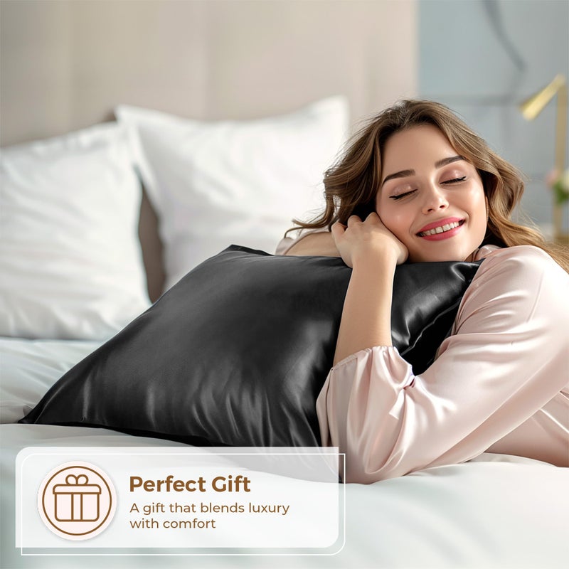 Pure Bedding Satin Pillowcase 2 Pack - Queen Size (20""x30""  Black) - Silky Pillow Cases for Hair and Skin - Satin Pillow Covers with Envelope Closure - Extra Soft Premium Microfiber - Image 4