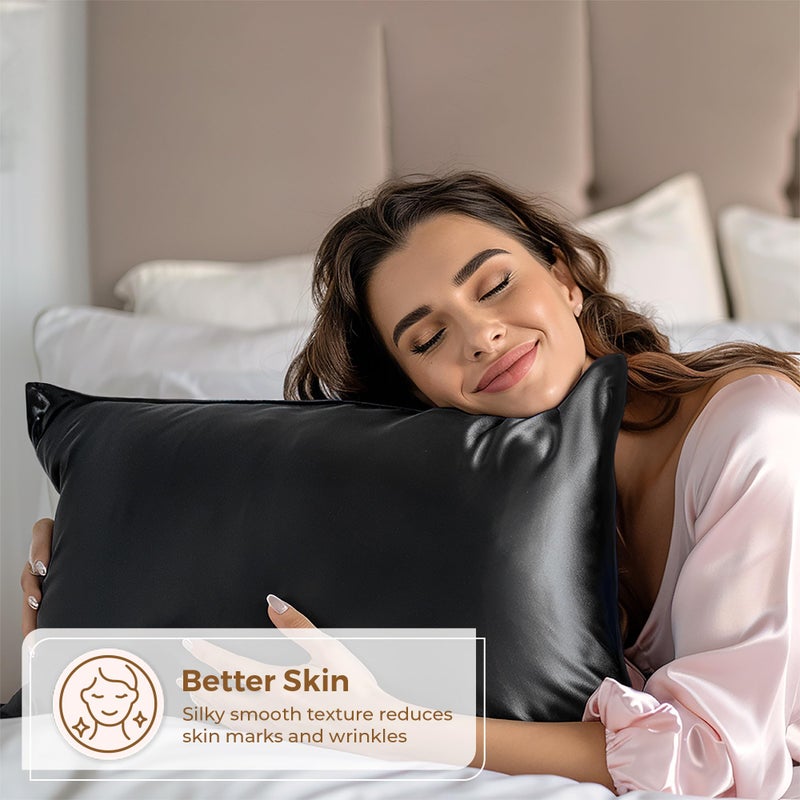 Pure Bedding Satin Pillowcase 2 Pack - Queen Size (20""x30""  Black) - Silky Pillow Cases for Hair and Skin - Satin Pillow Covers with Envelope Closure - Extra Soft Premium Microfiber - Image 2