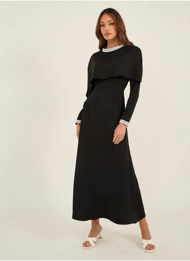 Luxewave Solid Lace Trim Cape Sleeve Fishtail Hem Maxi Dress