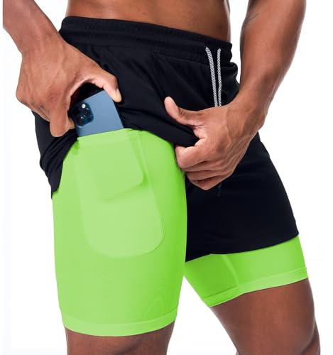 Surenow شورتات جري للرجال من سوريناو سريعة الجفاف، شورتات رياضية 2 في 1، شورتات خفية خارجية للرجال مع جيوب، أسود/أخضر فاتح - Image 1