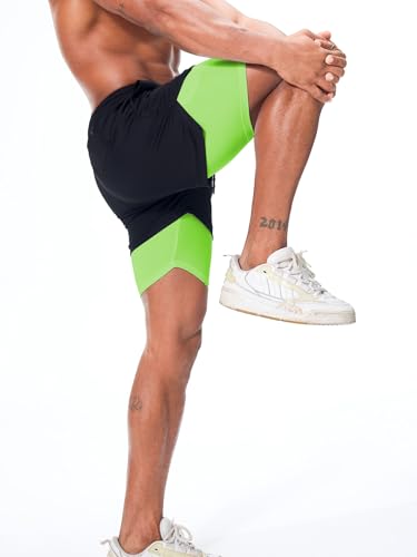 Surenow شورتات جري للرجال من سوريناو سريعة الجفاف، شورتات رياضية 2 في 1، شورتات خفية خارجية للرجال مع جيوب، أسود/أخضر فاتح - Image 3