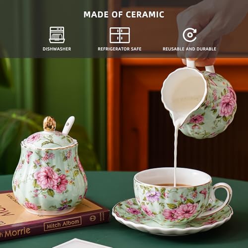 Agyiuns Ceramic Sugar and Creamer Set, 3 Piece Set with Cream Pitcher, Sugar Bowl, Sugar Set with Lid and Spoon (Green) - Image 3