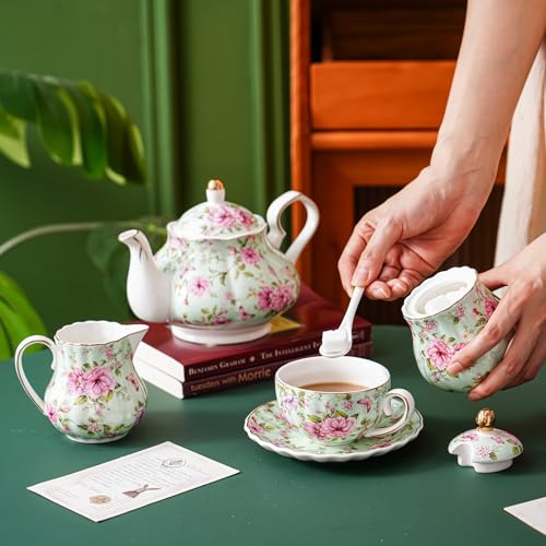 Agyiuns Ceramic Sugar and Creamer Set, 3 Piece Set with Cream Pitcher, Sugar Bowl, Sugar Set with Lid and Spoon (Green) - Image 4