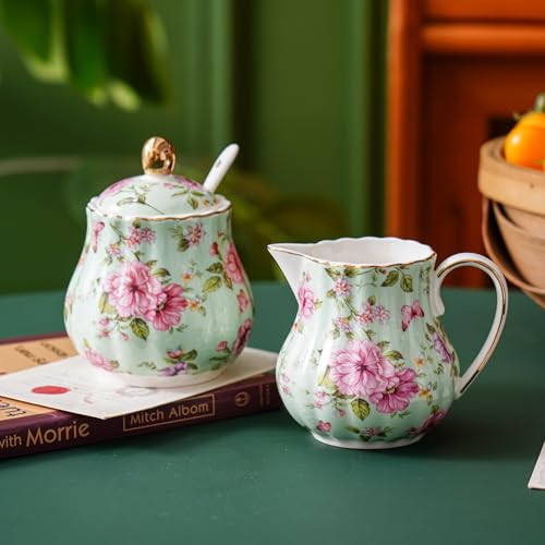 Agyiuns Ceramic Sugar and Creamer Set, 3 Piece Set with Cream Pitcher, Sugar Bowl, Sugar Set with Lid and Spoon (Green) - Image 5