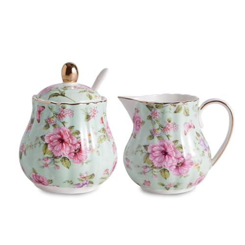Agyiuns Ceramic Sugar and Creamer Set, 3 Piece Set with Cream Pitcher, Sugar Bowl, Sugar Set with Lid and Spoon (Green) - Image 1