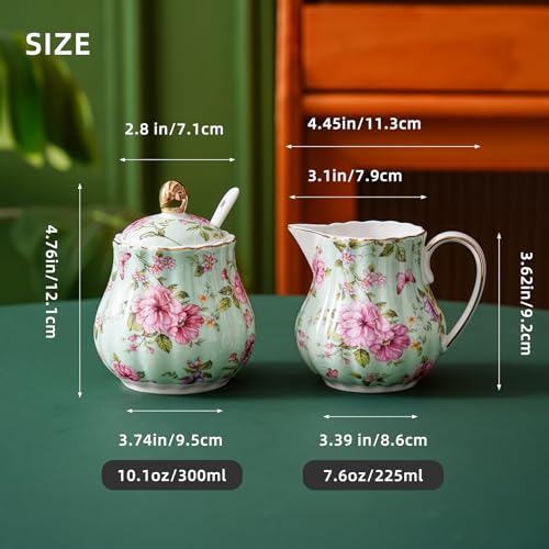 Agyiuns Ceramic Sugar and Creamer Set, 3 Piece Set with Cream Pitcher, Sugar Bowl, Sugar Set with Lid and Spoon (Green) - Image 2