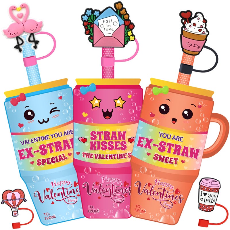 Dreasmt Valentines Day Cards Classroom Exchange Gifts, Valentine's Cards with Straw Covers Cap for Kids School Valentine Exchange Gifts Card Party Favors - Image 4