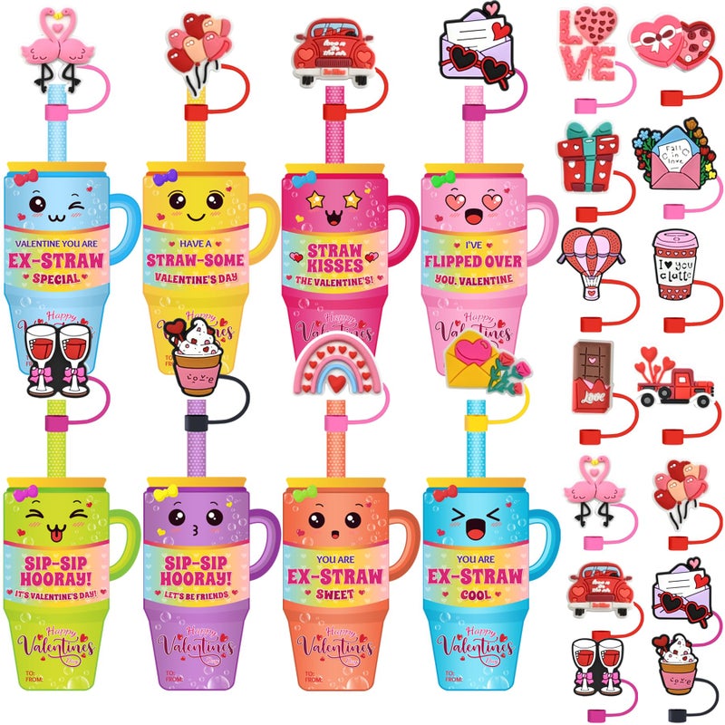 Dreasmt Valentines Day Cards Classroom Exchange Gifts, Valentine's Cards with Straw Covers Cap for Kids School Valentine Exchange Gifts Card Party Favors - Image 1
