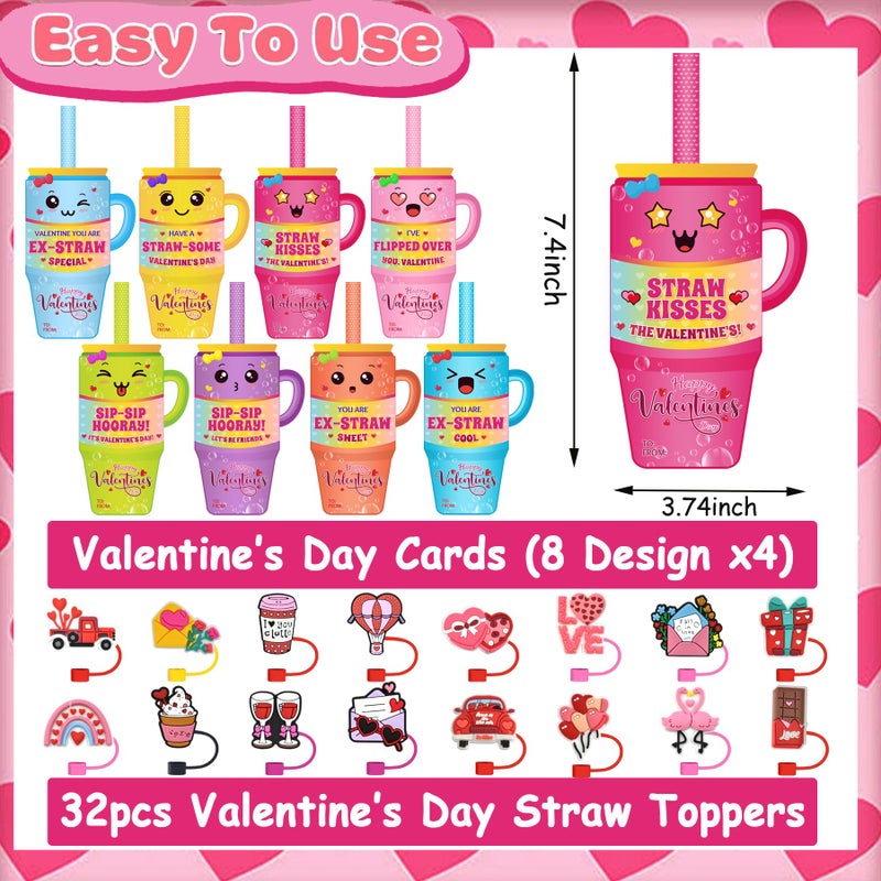 Dreasmt Valentines Day Cards Classroom Exchange Gifts, Valentine's Cards with Straw Covers Cap for Kids School Valentine Exchange Gifts Card Party Favors - Image 2