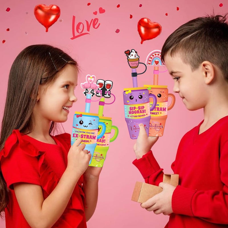 Dreasmt Valentines Day Cards Classroom Exchange Gifts, Valentine's Cards with Straw Covers Cap for Kids School Valentine Exchange Gifts Card Party Favors - Image 5