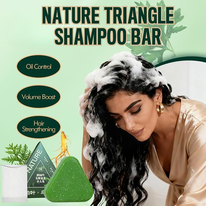 STRBOXONG Nature Seven Green Soap Shampoo with Foaming Net, Nature Triangle Shampoo Bar, Usman Grass Hair Shampoo Bar for Women & Men, 2in1 Solid Shampoo and Conditioner Bars for Strengthens Smooths Hair - Image 3