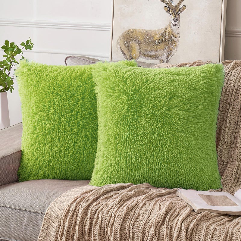 ANRODUO Pack of 2 Grinch Green Christmas Pillow Covers Luxury Faux Fur Series Throw Pillow Covers Decorative Fluffy Plush Cushion Case Mongolian for Sofa Couch 16x 16 Inch Christmas d?or Lime Green