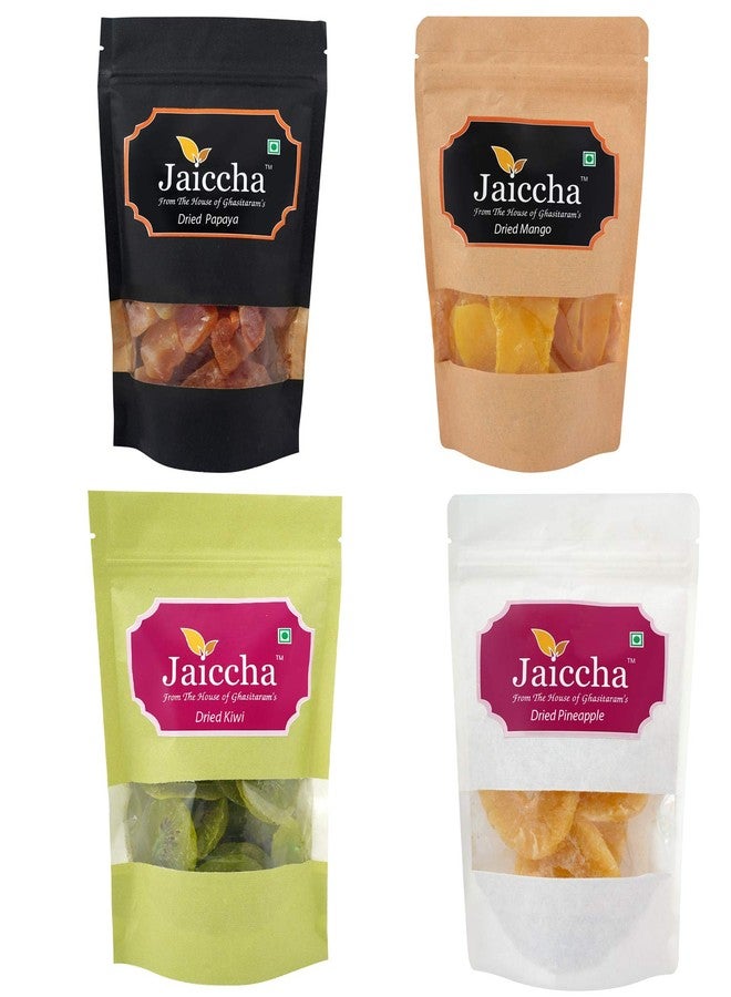 Jaiccha Ghasitaram Gifts -Pack of 4 Dried Kiwi,Pineapple,Papaya,Mango Pouches 800 GMS|Dryfruit Gift Hamper|Dry Fruit Combo Pack Offer|Dry Fruit Gift Pack|Dry Fruit Box|Diwali Dry Fruit Gift Pouch| - Image 1