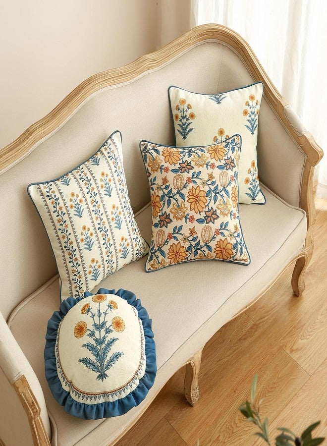 ISAENNE Design Round Simple Elegant Linen Throw Pillow Covers Diameter 16" Pack of 2, Blue Yellow Floral Pattern Cushion Covers Decor Pillowcases for Bed,Living Room,Outdoor,Car - Image 3