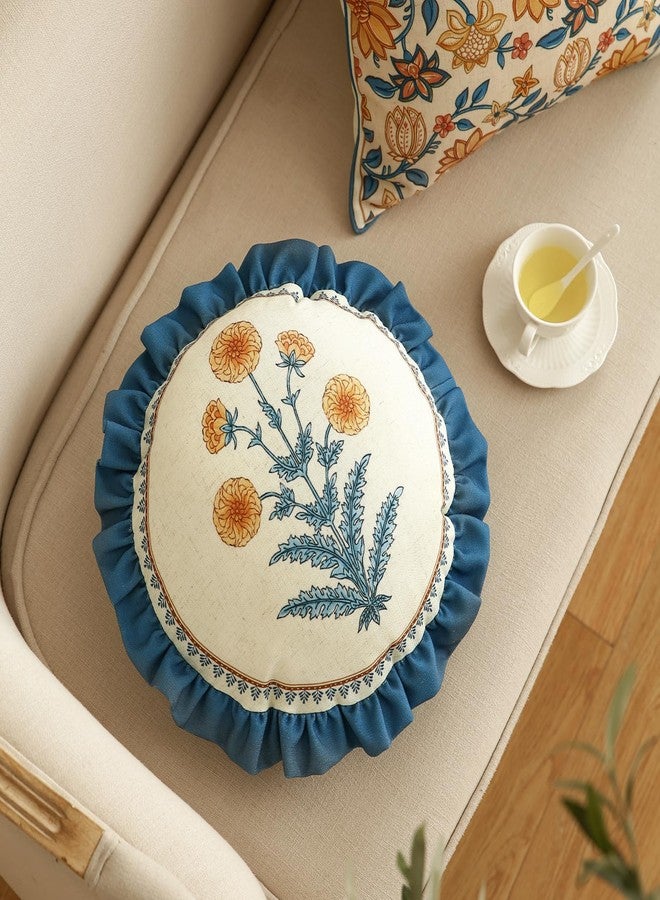 ISAENNE Design Round Simple Elegant Linen Throw Pillow Covers Diameter 16" Pack of 2, Blue Yellow Floral Pattern Cushion Covers Decor Pillowcases for Bed,Living Room,Outdoor,Car - Image 2