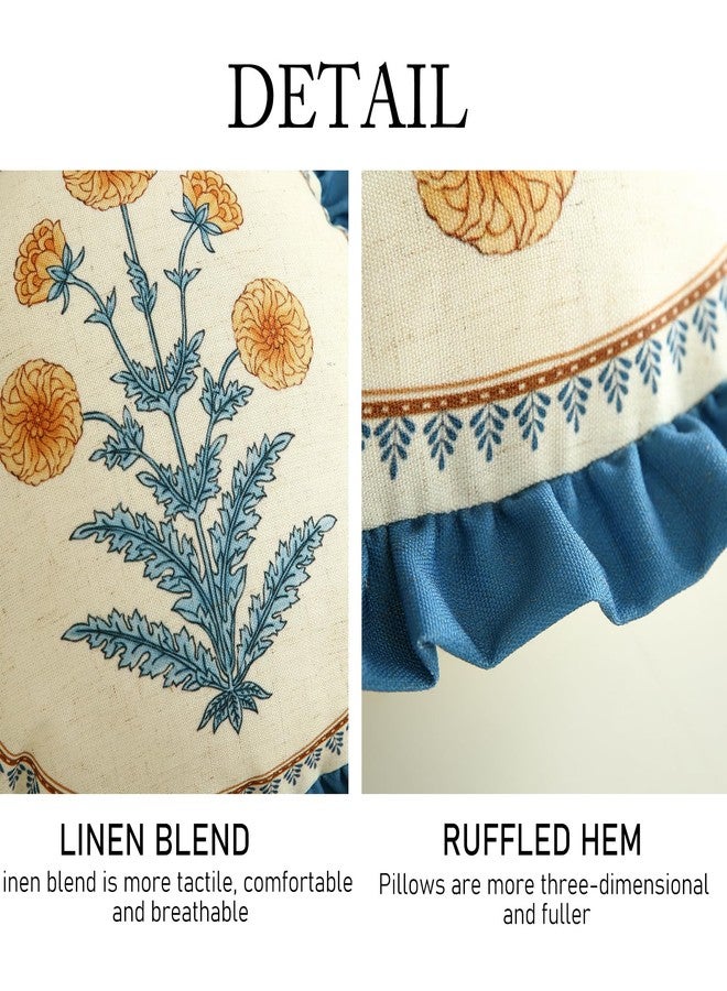 ISAENNE Design Round Simple Elegant Linen Throw Pillow Covers Diameter 16" Pack of 2, Blue Yellow Floral Pattern Cushion Covers Decor Pillowcases for Bed,Living Room,Outdoor,Car - Image 4